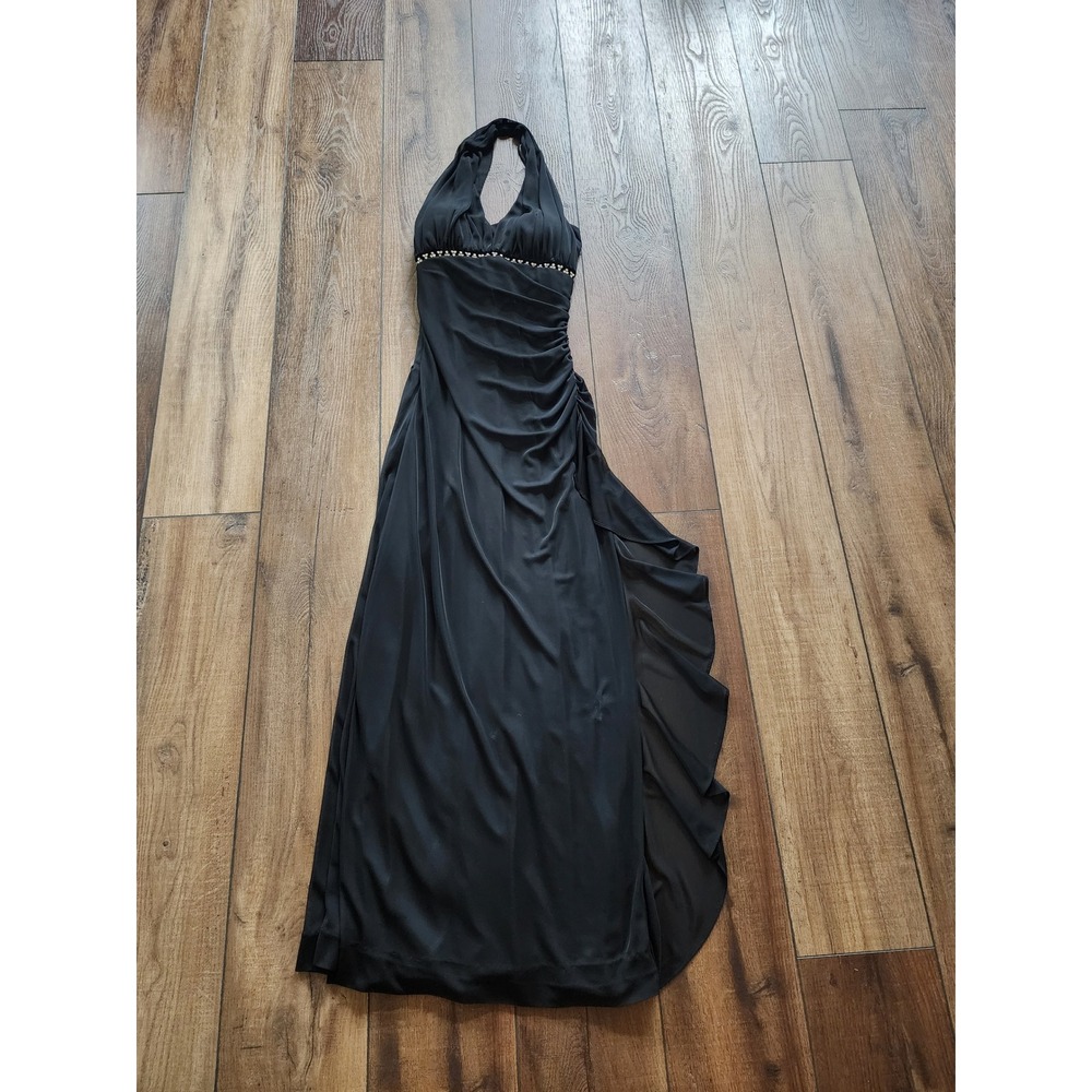 Y2K Cache Black Halter Maxi Dress Rhinestone Slinky Ruched Ruffle Slit Gown